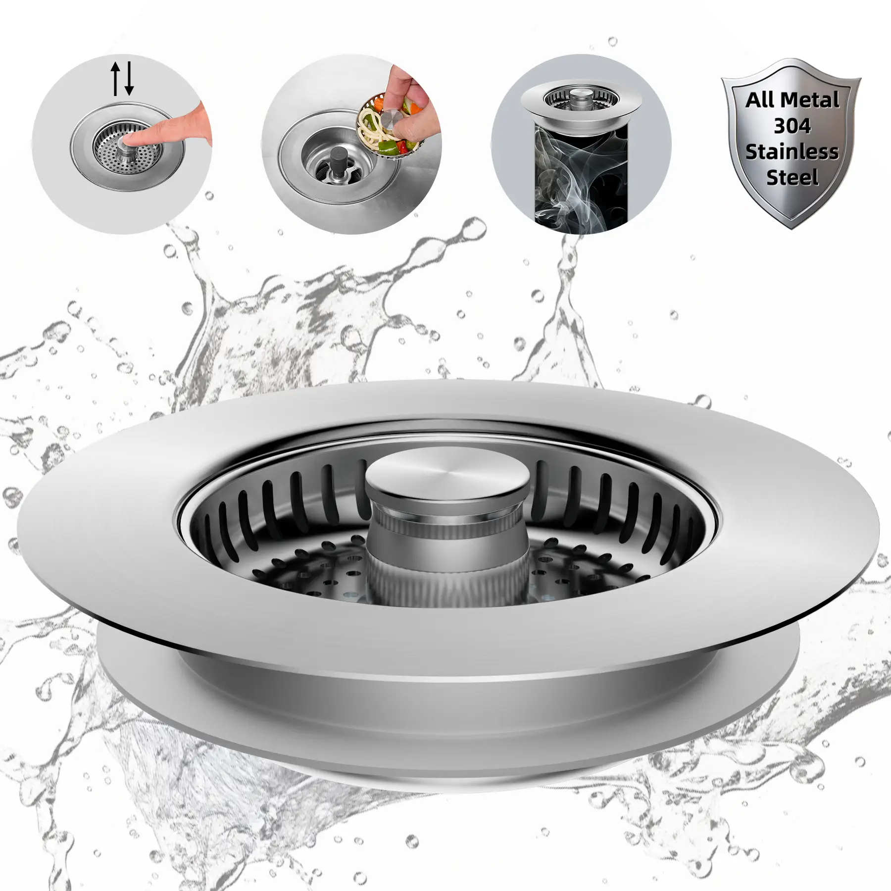 Hibbent All Metal Kitchen Sink Strainer Stopper Combo - Stainless 3-in-1 Pop Up Sink Drain Strainer with Handle Rod for US Standard 3-1/2 inch Drain F