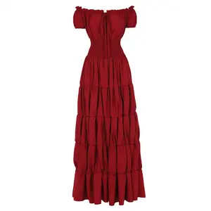 Renaissance Costume Women Medieval Irish Under Dress Retro Gown Wench Peasant Smocked Waist Long Dresses Halloween Costumes Girls Party Outfit Gothic Dress