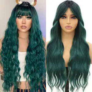 Long Dark Green Wavy Wigs With Bangs Long Wavy Dark Green Wigs Heat Resistant Fiber Hair Wigs For Women Cosplay Christmas Party Use 26 Inch