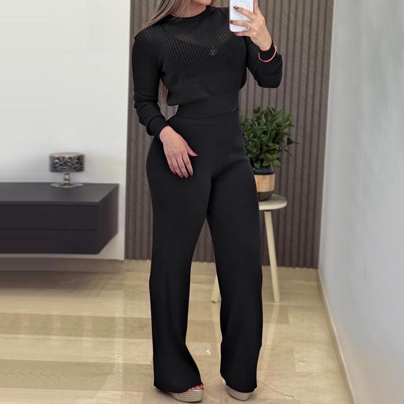 CHICME Round Neck Long Sleeve Vertical Pit Texture Top and Casual Wide Leg Pants Set
