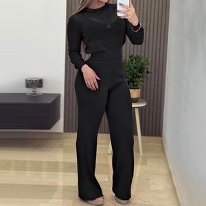 CHICME Round Neck Long Sleeve Vertical Pit Texture Top and Casual Wide Leg Pants Set