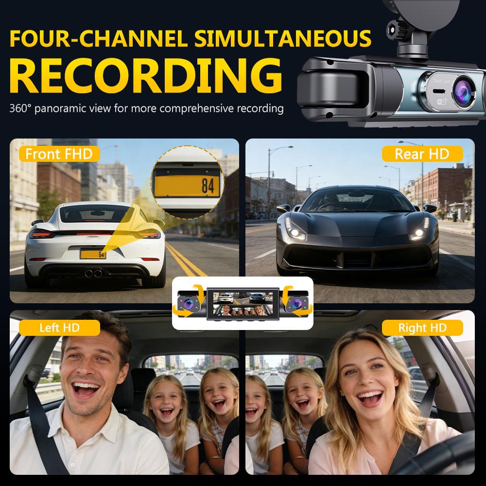 4 Channel Dash Cam 1080P FHD 360° Surround View, 3.18" IPS Display, Built-in 2.4GHz WiFi App Control, WDR, Loop Recording, Reverse Assist, 4 Lens Front Rear Inside Left Right Car Driving Recorder-YY