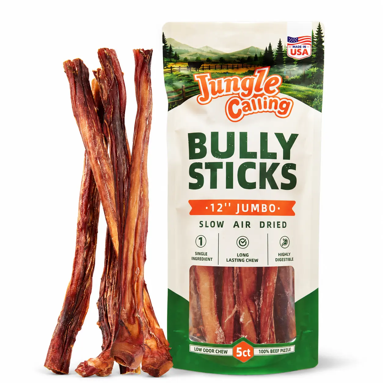 12" Bully Sticks - Jumbo/Giant Jumbo [100% USA] Slow Air-Dried, Single Ingredient, Long-Lasting Chew, 100% USA Sourced & Made, Low Odor, Natural Beef Pizzle Dog Chews for Medium & Large Dogs, Strong Chews,Rawhide-Free,Extra Thick