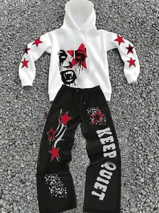 Gothic Print Two-Piece Set, Hoodie & Wide-Leg Pants, Streetwear, Gothic Party, Casual Fall Winter