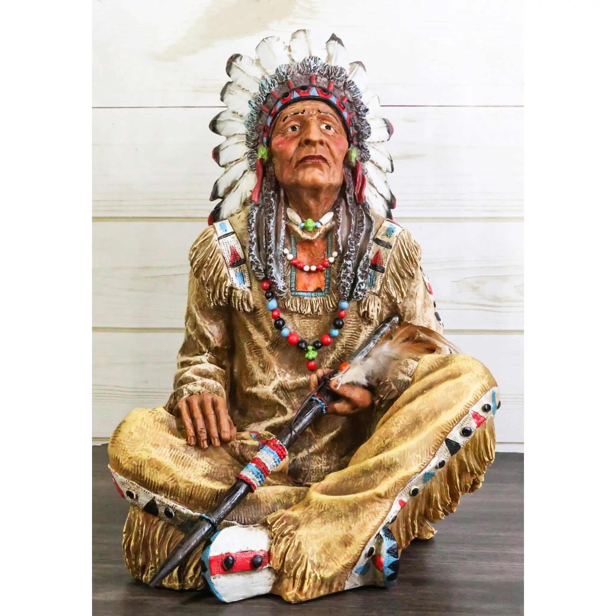 Large Sitting Native Indian Tribal Chief Medicine Man With Peace Pipe Figurine