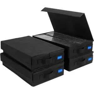 4-pack black stackable cassette tape storage box with handles and lid, cassette holder organizer with external label slots storage rack