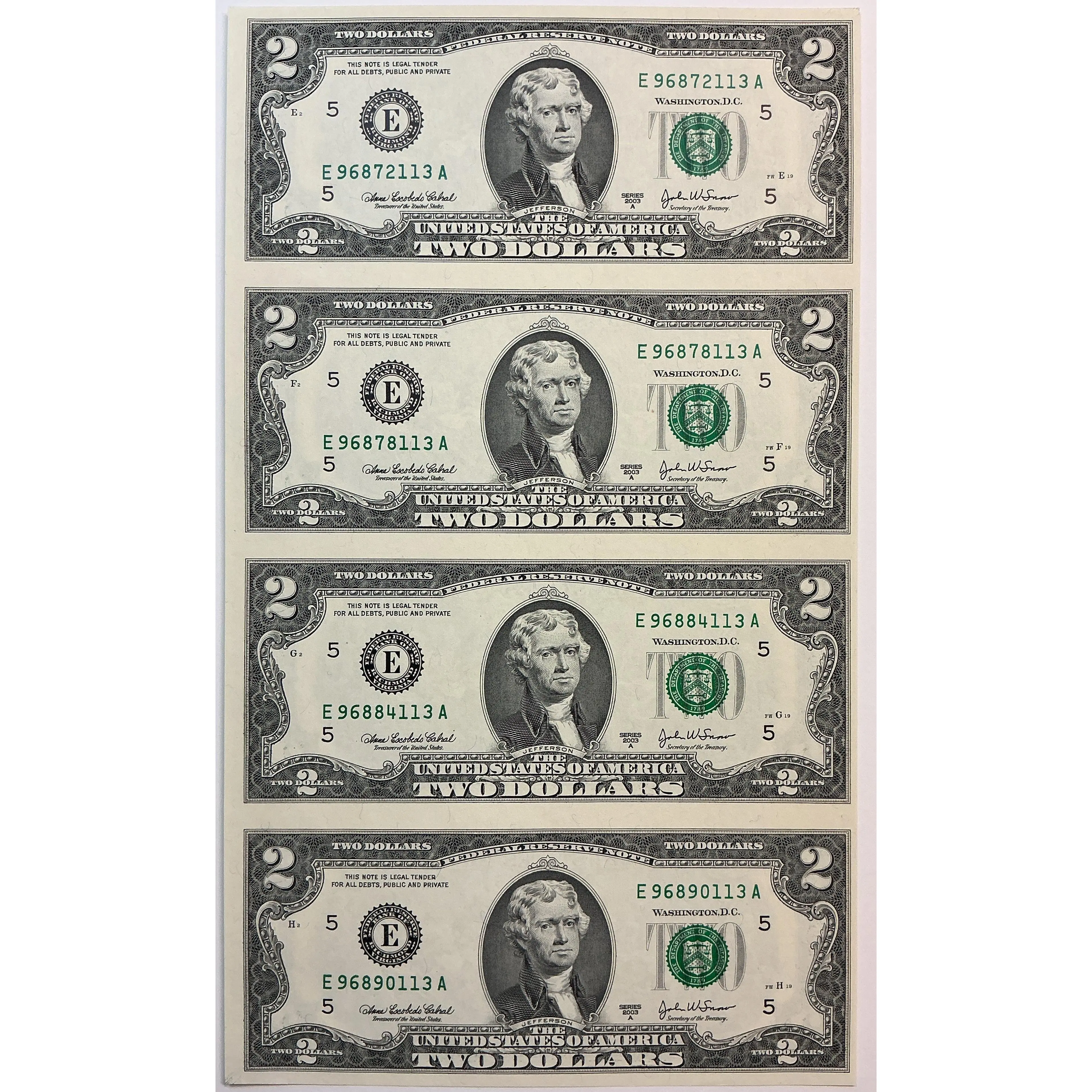 2003-A Series $2 Notes, Sheet of 4 Bills, F.R.N., BEP, Store #FRN044