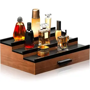 Cologne Organizer for Men 3 Tier of Elevated Cologne Display Shelf with Drawer Perfume Organization and Display Risers,Great Gift for Man(Walnut Black)