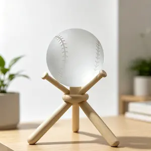 Handmade Aesthetic Baseball Crystal Ball Ornament, Decorative Wooden Bat Base Desk Lamp, Unique Sports Memorabilia Gift for Men/Boys, Modern Nursery Decor, Commemorative Baseball Art