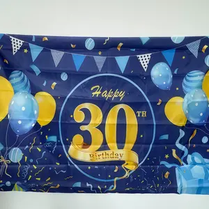 Blue 30th Birthday Party Decor, Flags & Balloons Design, Perfect Cake Table Backdrop Prop, Ideal Anniversary Supplies