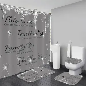 1/4pcs Sparkling Diamond Letter Pattern Shower Curtain Set, includes non-slip mat, U-shaped rug, and toilet seat cover. Perfect for bathroom décor, partitioning, and beautifying the space. Comes with 12 shower curtain hooks.