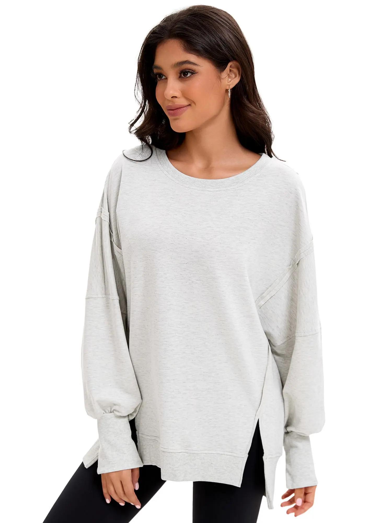 Women's Casual Loose Oversized Crewneck Hoodie - Soft Breathable Plain Fabric Long Sleeve Pull-On Pullover, Exposed Seams, High-Low Hemline, Side Splits, Plus Size XL Garment for Party, Work