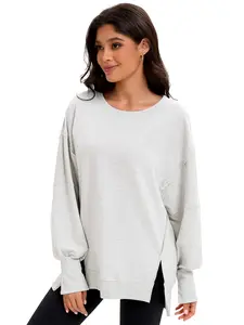 Women's Oversized Crewneck Sweatshirt, Casual Long Sleeve Pullover Tunic Top with Exposed Seams and High-Low Side Split Hem, Hoodie, Shorts