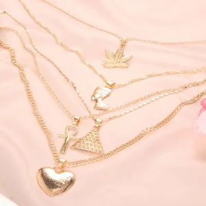 Trendy exquisite niche maple leaf pyramid multi-layer necklace love retro punk girls accessories