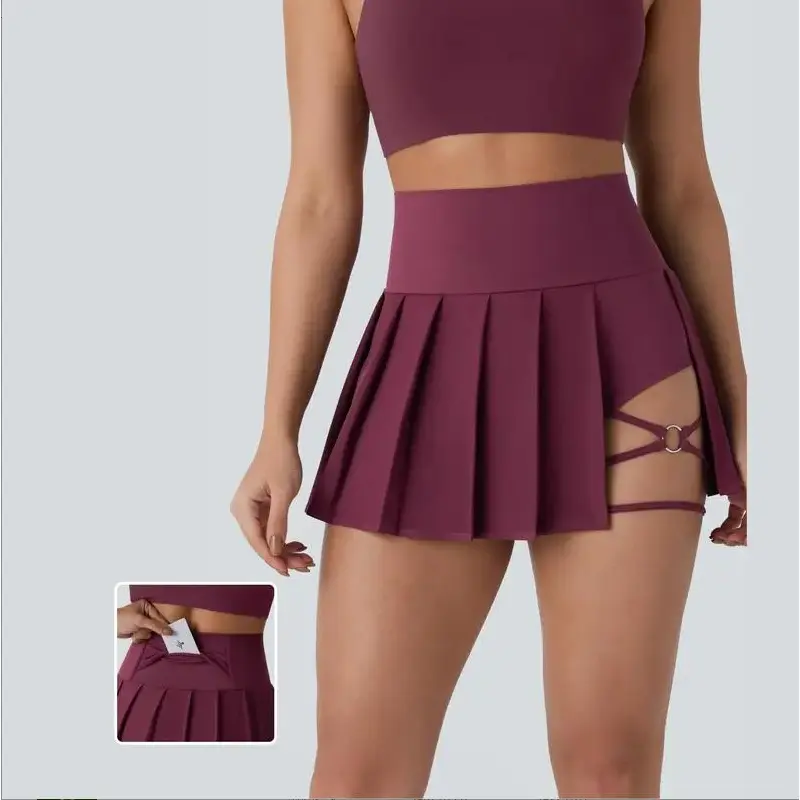 Plus Size Sporty Pleated Tennis Skort, High Rise Layered Polyester Activewear with Pockets for Casual & Workout, Casual Sporty Skorts, Layered Skort