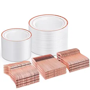 80pcs Rose Gold Plastic Disposable Dinnerware Set, Rimmed Plates, Includes Main Course, Salad Plate, Cutlery Set