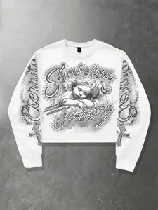 Beautiful Angel Aesthetic Printed Long Sleeve T-shirt for Spring and Autumn, Same Style for Men and Women, Long Sleeve Short Version, Loose Long Sleeve T-shirt for Men, Casual Long Sleeve T-shirt for Men, Trendy Brand American Retro Long T-shirt, Y2K