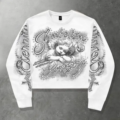 Beautiful Angel Printed Long Sleeve T-shirt for Spring and Autumn, Same Style for Men and Women, Long Sleeve Short Version, Loose Long Sleeve T-shirt for Men Long Sleeve T-shirt for Men, Trendy Brand American Retro Long T-shirt, Y2K, Artwork Tee