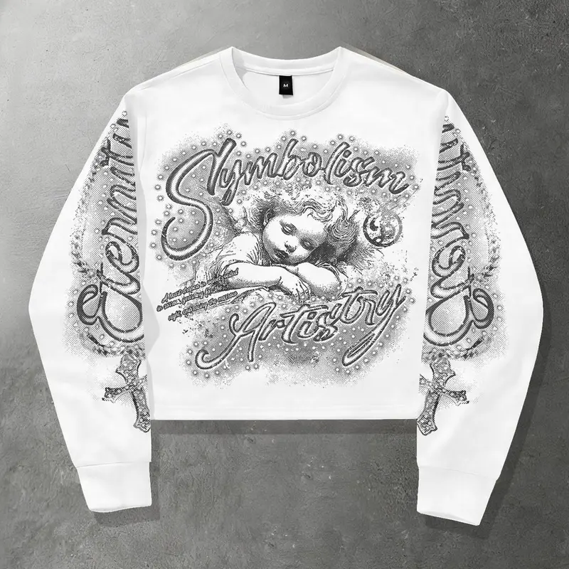 Beautiful Angel Printed Long Sleeve T-shirt for Spring and Autumn, Same Style for Men and Women, Long Sleeve Short Version, Loose Long Sleeve T-shirt for Men Long Sleeve T-shirt for Men, Trendy Brand American Retro Long T-shirt, Y2K, Artwork Tee