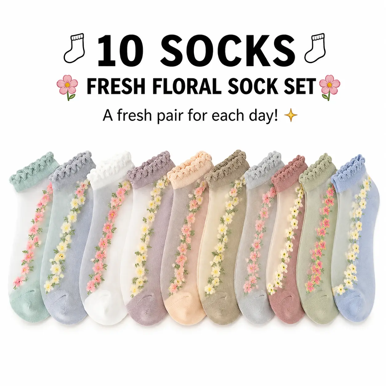 10 Pairs Women’s Sheer Floral Mesh Ankle Socks, Thin Transparent Ruffle Lace Socks, Breathable Summer Socks for Women & Girls Casual Elegant