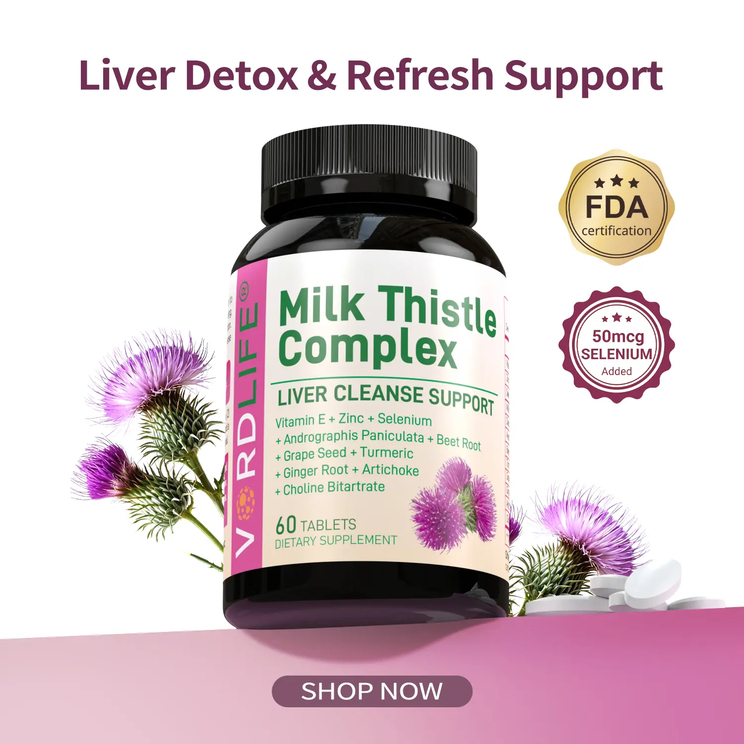 VORDLIFE  Liver Cleanse Detox & Repair Support Tablets with Dandelion & Turmeric | Antioxidant & Metabolism Support with Zinc & Selenium | for Men & Women | Made in USA | Viral on Tiktok | 60 Tablets, 30-Day Supply