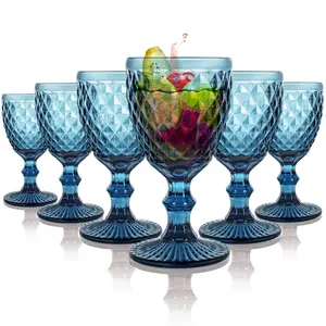 Blue Wine Glasses set of 6 Colored Drinking Goblets Vintage Embossed Glassware 8 OZ Pretty Water Stemmed Cup for Wedding Party Bar