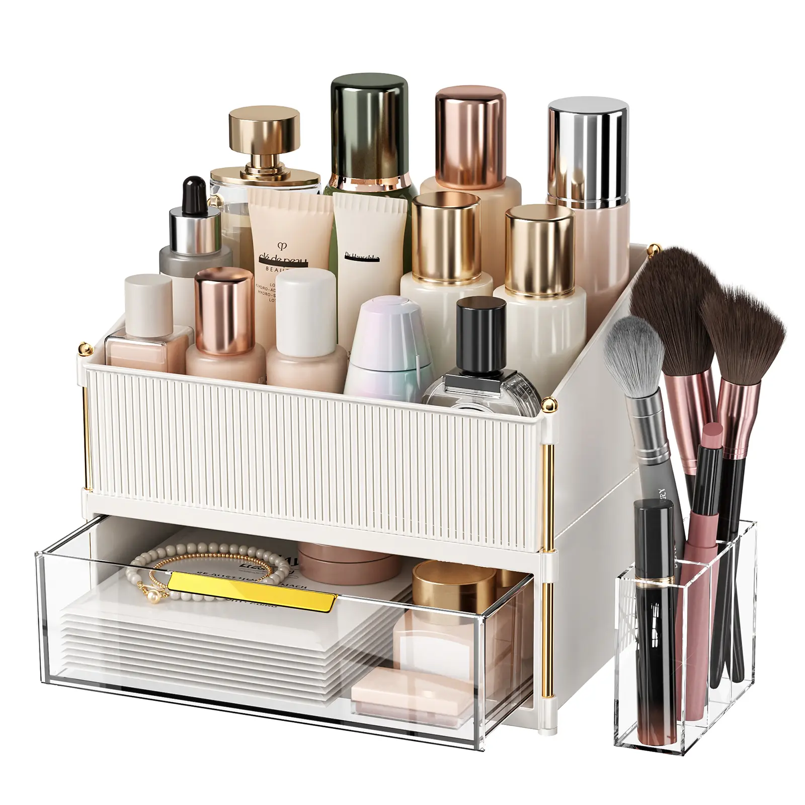 Acrylic makeup organizer for Vanity with Large Drawers, countertop vanity organizer, stylish storage,vanity organization,Cosmetic Display Case with Brush Holders, Easy to Storage for Bathroom Countertop Skincare, Desk Office Supplies,jewelry organizer