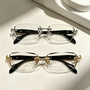 Unisex rimless rectangle PC glasses with blue light blocking lenses, sparkling diamond-cut edges, fashion metal temples, perfect Mother’s Day gift, for computer gaming and daily street style.