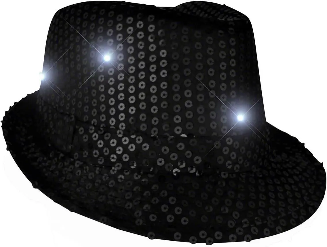FlashingBlinkyLights Sequin Light Up LED Fedora Hat - Fits Small to Medium Heads, 3 LED Light Functions, Perfect for Concerts & Parties, One Size Fits Most, Replaceable Batteries