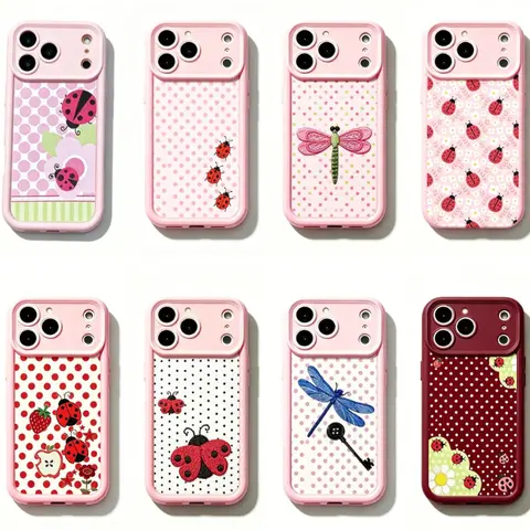Pink Ladybug Protective Cellphone Case - Soft TPU Casing with Lens Guard, Whimsical Vintage Garden Cottagecore Aesthetic, Patchwork Polka Dot Flower Kawaii Design, iPhone 11-17 Pro Max Accessories, Cute Gift for Her