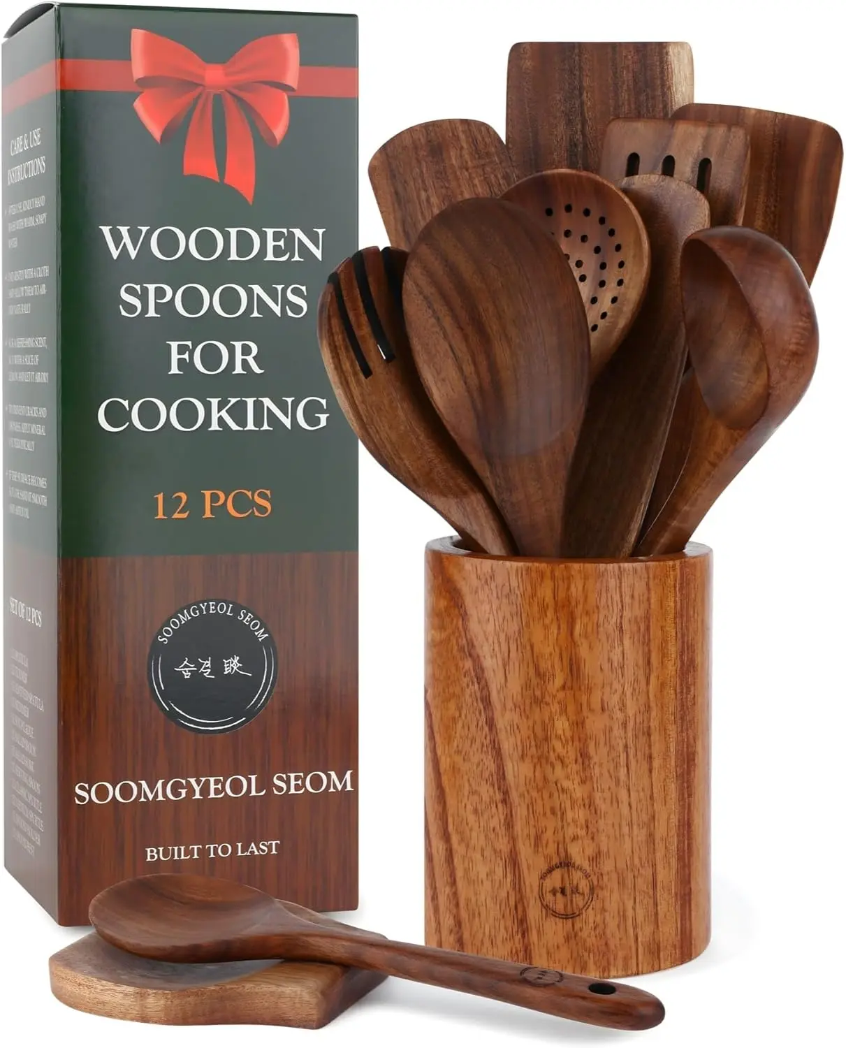12-Piece Natural Teak Wood Utensil Set with Holder & Rest - Nonstick Cooking Spoons, Spurtles, Heat Resistant Tools