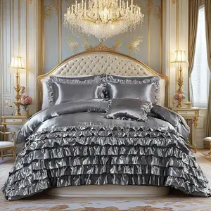 8 Pieces Ruffle Comforter Set King Size Silver Gray Bed in a Bag Luxury and Soft Silk Like Comforter Set for Bedroom Boho Chic Vintage Ruffled Bedding Set