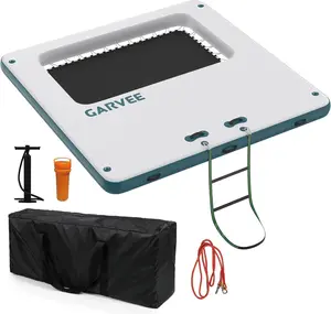 Portable 10x10FT Inflatable Floating Dock, Square Floating Platform with Mesh Swim Area, Non-Slip EVA Surface and Rope Ladder for Boats, Pool