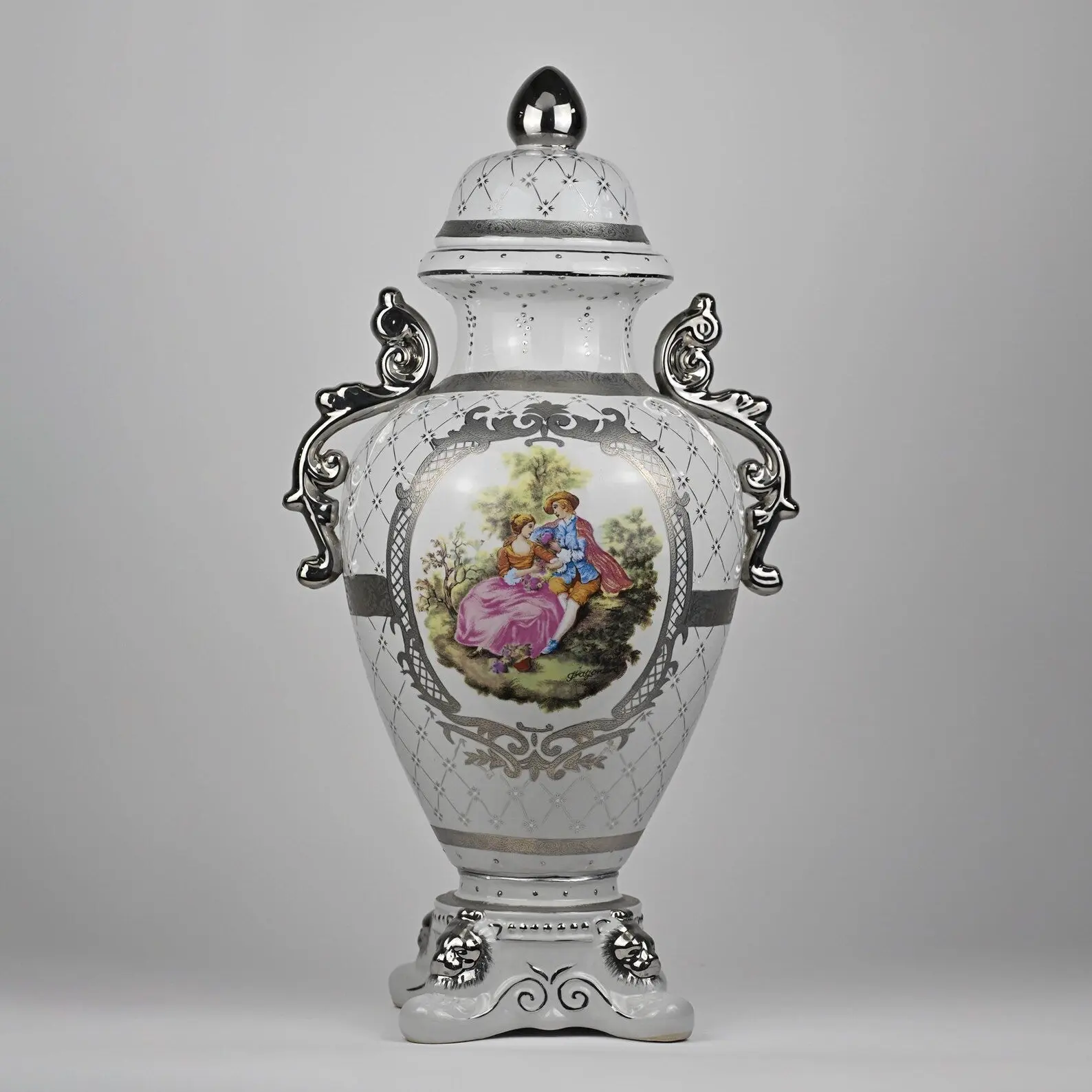 Large Decorative Porcelain Urn Vase | 36” Lidded Rococo-Style Jar | Fragonard-Inspired Courtship Scene | Statement Luxury Home Decor