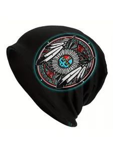Boho Native American Sun Feather Skull Cap Beanie for Men, Thin Ski Hat for Winter, Casual Outdoor & Streetwear