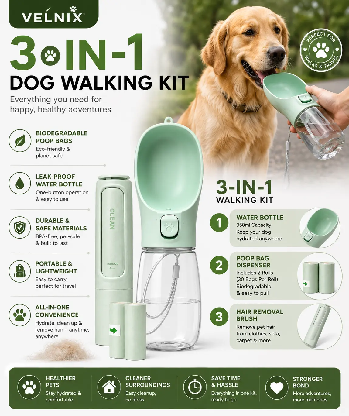 VELNIX 3-in-1 Dog Walking Kit – Leak-Proof Portable Water Bottle, Biodegradable Poop Bags & Pet Hair Remover | Travel Dispenser for Pet Supplies