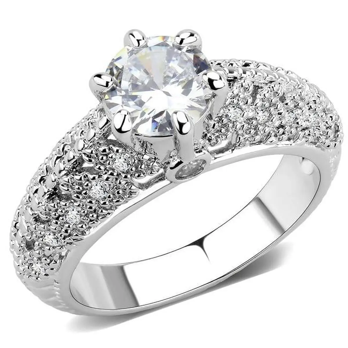 Alamode 3W1576-10 Women Rhodium Brass Ring with AAA Grade CZ in Clear - Size 10