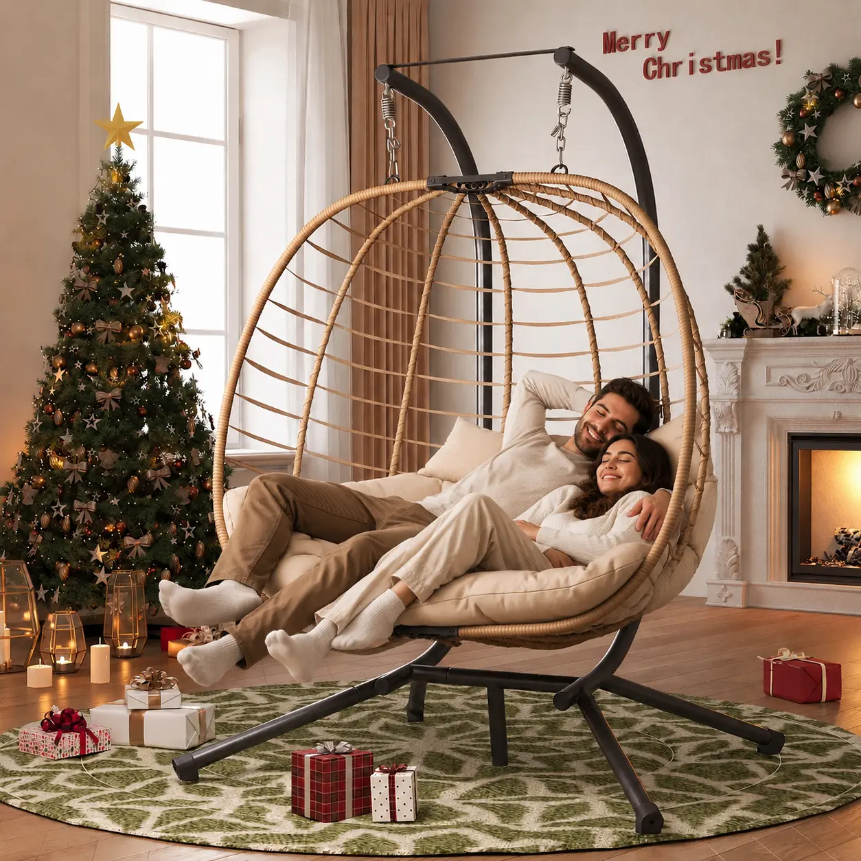 【Back To School】UDPATIO 2-Person Foldable Rattan Wicker Swing Egg Chair with Stand - Modern Weatherproof Hanging Loveseat, Outdoor Living Furniture, Swing Chairs Outside for Porch, Balcony,home decor,camping essentials