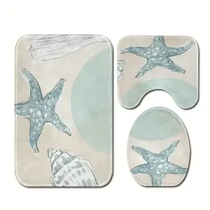 3-Piece Nautical Bathroom Rug Set - Soft, Machine Washable, Anti-Slip Bath Mats with U-Shaped Toilet Lid Cover Coastal Decor, Starfish and Shell Design, Water-Repellent, Mildew-Resistant, Easy to Clean, Perfect for Beach-Themed