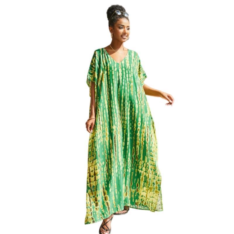 Women's Plus Size Casual Viscose Fabric Boho Kaftan Dress - Ethnic Print Maxi, 52" Modest Drape, Flowing Cut, Hand Wash Only, Do Not Tumble Dry, Ideal for Daily Hot Days, Beach Cover-Up