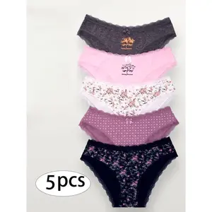 Pack of 5 Mid-Waist Culottes for Women - Soft Breathable Cotton Underwear with Elegant Bow Detail, Floral and Polka Dot Patterns, Matching Colors for Everyday Comfort Fabric Spandex Womenswear Mesh