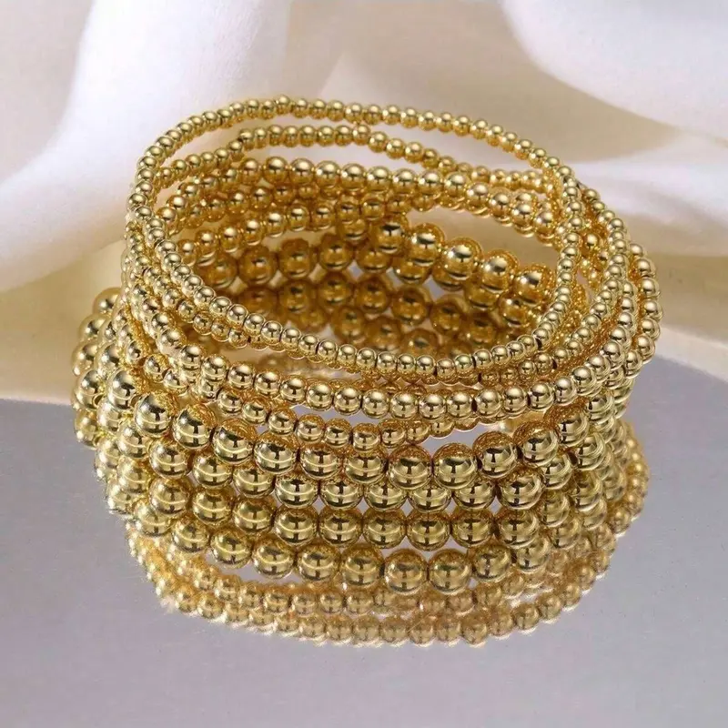 7pcs Gold Stackable Bracelets For Women Gold Bracelet Stack Pearl Beaded Bracelets For Women 14K Stretch Bead Ball Bracelet Sets Jewelry For Mother's Day Birthday Gifts,perfect for everyday wear