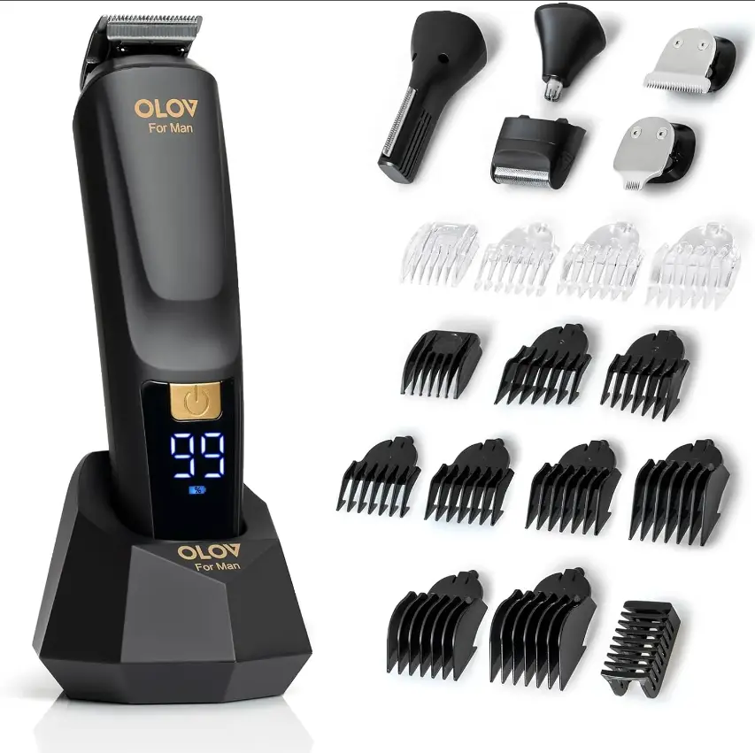 OLOV Men's Cordless All-in-1 Grooming Kit - Beard Hair Shaver, Trimmer, Nose Face Clippers, Electric Razor, Black - Husband Christmas Gifts, Guy Christmas Gifts