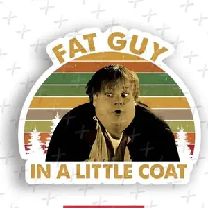 Chris Farley 'Fat Guy In A Little Coat' Vinyl Bumper Sticker - Waterproof, Matte Finish, Irregular Shape, Self-Adhesive Decal with Striped & Pine Tree Design, Striped & Pine Tree Design, Trendy Sticker