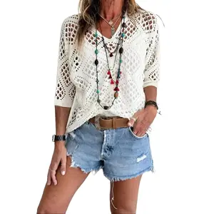 Plus Size Solid Hollow Out Drop Shoulder Knit Top, Casual V Neck Three Quarter Length Sleeve V Neck Knitwear for Summer, Women's Plus Clothing for Daily Wear