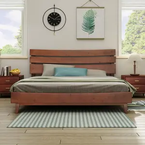 AMERLIFE 14 Inch Solid Wood Bed Frame with Headboard, Mid-Century Style Platform Bed with Wood Slats Support, No Box Spring Needed, Easy Assembly Furniture Durability