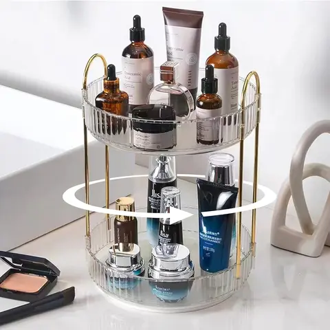 2-Tier Rotatable Transparent ABS Plastic Beauty Organizer, 360°-Spinning Corrosion-Resistant Durable Vanity Rack with 2-Layer Storage for Perfume, Lotion, Cosmetics, Jewelry, Brush Holder, Bathroom Countertop, Valentine's Gift for Her