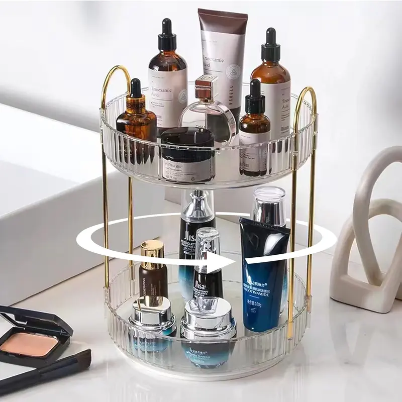 2-Tier Rotatable Transparent ABS Plastic Beauty Organizer, 360°-Spinning Corrosion-Resistant Durable Vanity Rack with 2-Layer Storage for Perfume, Lotion, Cosmetics, Jewelry, Brush Holder, Bathroom Countertop, Valentine's Gift for Her