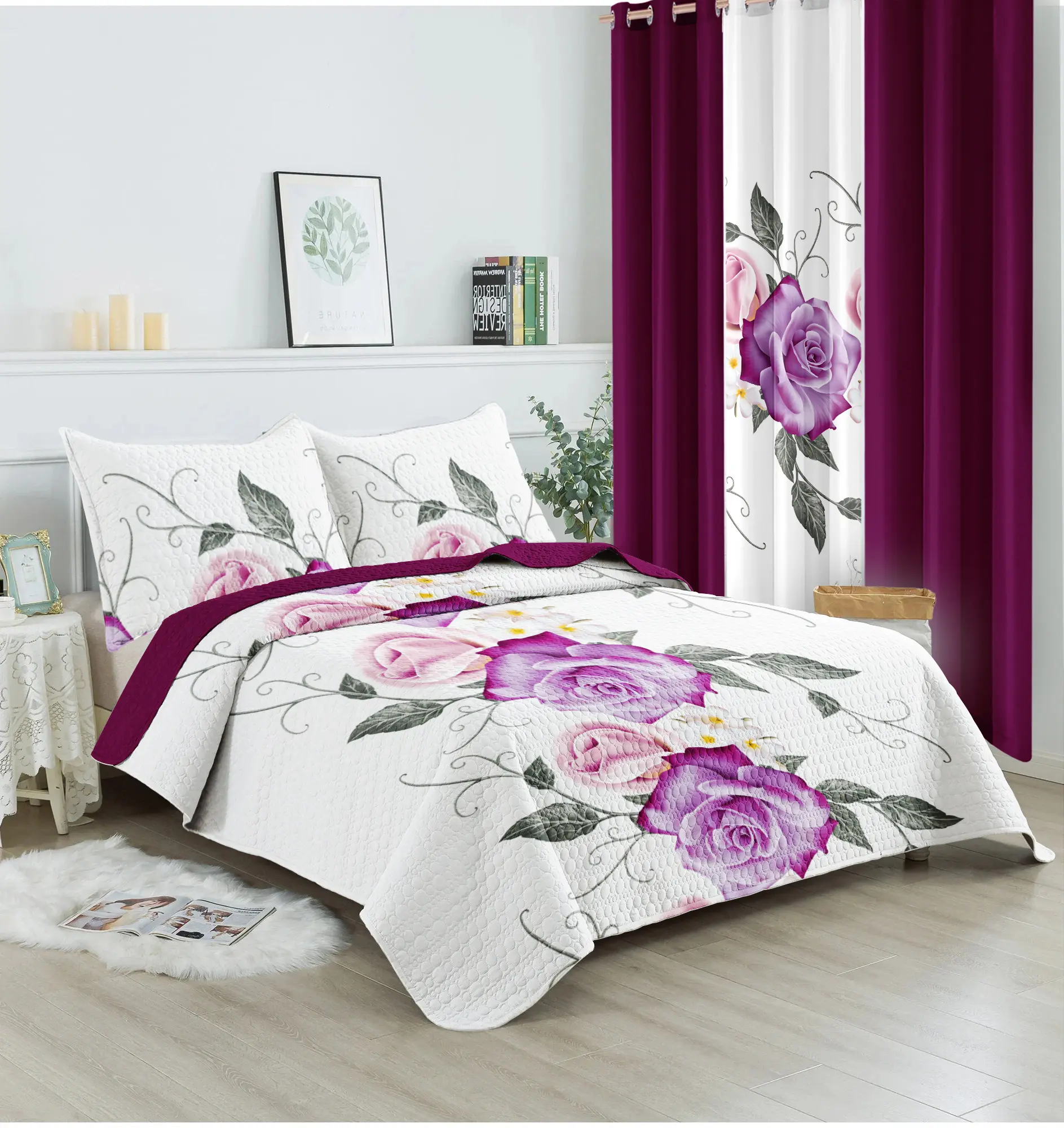 Purple & Pink Rose 9-Piece Bedspread Set – 2-in-1: Bedspread or Thin Quilt! Includes 2 Printed + 4 Solid Curtain Panels | Premium Microfiber, Silky Soft, Moisture-Wicking & Fade Resistant | All-Season for Queen/King/Cal King, All Seasons, Breathable