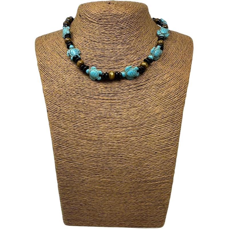 Turquoise Howlite Sea Turtle Beaded Necklace with Black & Brown Wooden Beads Adjustable Cord 14-24 Inches Unisex Bohemian Style Jewelry